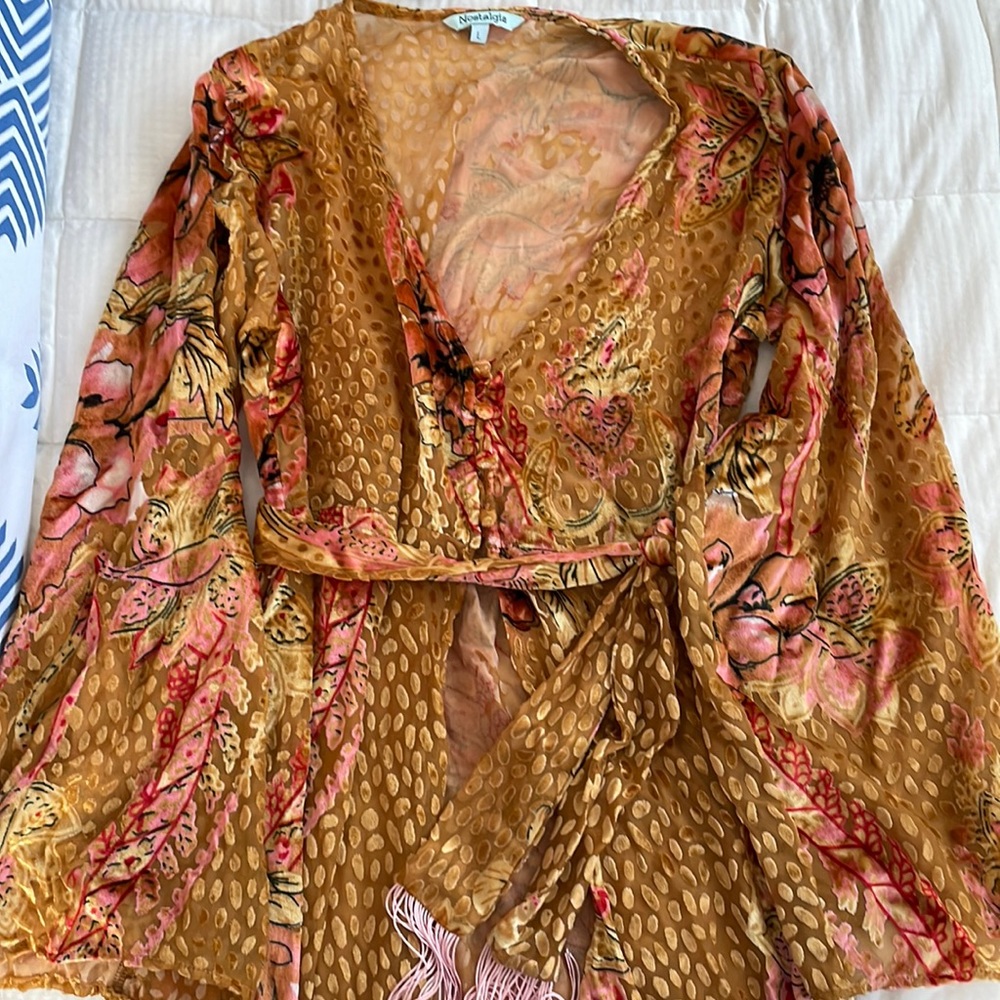 Boutique floor length mesh and velvet long cardigan with belt